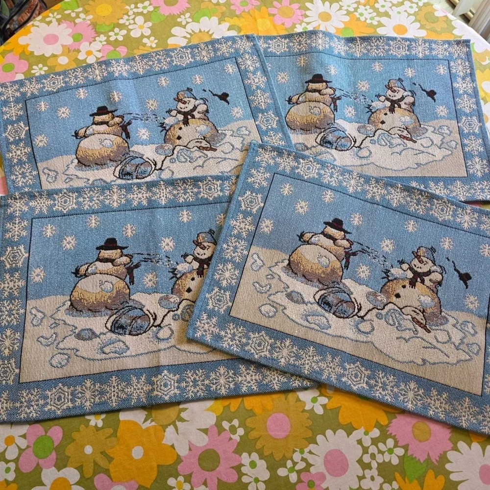 Snowman Snowball Fight Tapestry Placemats Set of 4 Blue Woven Snowflake Border